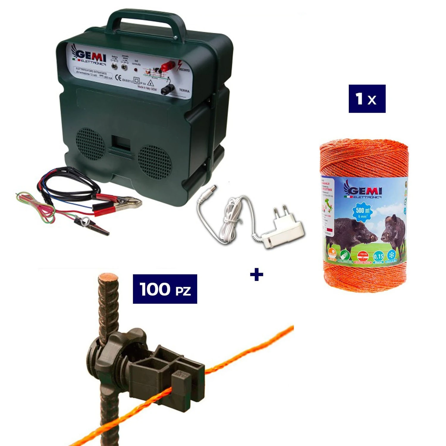 Elektrikli çit Komple kiti; 12/220V enerji kaynağı ve demir direkler için 500 metre 6 mm² tel içerir.
