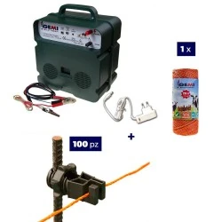 Elektrikli çit Komple kiti 12/220V enerji kaynağı, 250 metre 2,2 mm² tel ve demir izolatörler içerir.